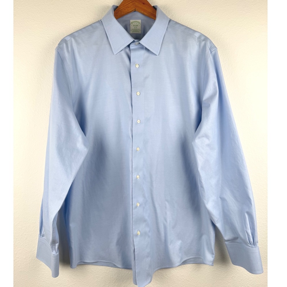 Brooks Brothers Dress Shirt Mens 17 35 Blue Excellent Slim Non-Iron Stretch